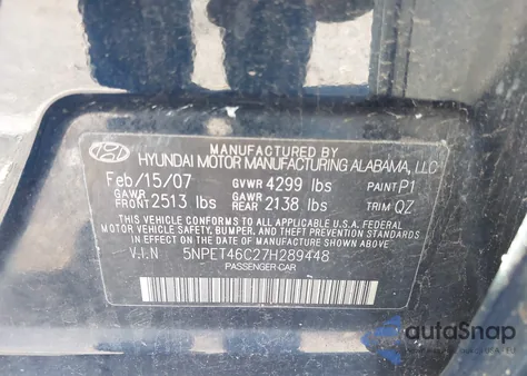 2007 Hyundai Sonata Gls z USA, uszkodzony, nr VIN 5NPET46C27H289448